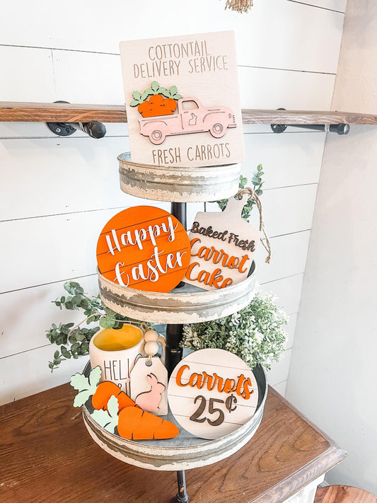 Easter Tiered Tray Set - Fresh Carrots Tiered Tray Set - Baked Fresh Carrot Cake - Farmhouse Easter Tiered Tray Set Carrot Themed Easter Set