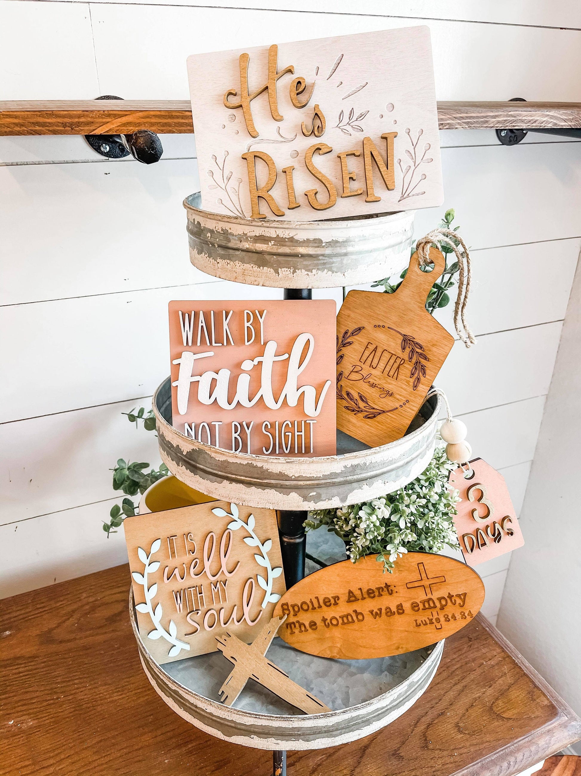 Religious Easter Tiered Tray - He is Risen tiered tray Decor - The Tomb Was Empty - Beautiful Christian Decor - It is well with my soul sign
