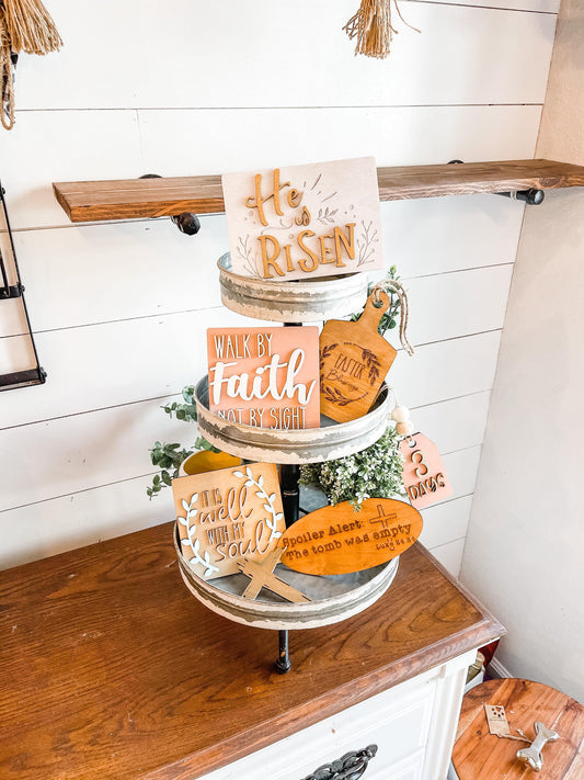 Religious Easter Tiered Tray - He is Risen tiered tray Decor - The Tomb Was Empty - Beautiful Christian Decor - It is well with my soul sign