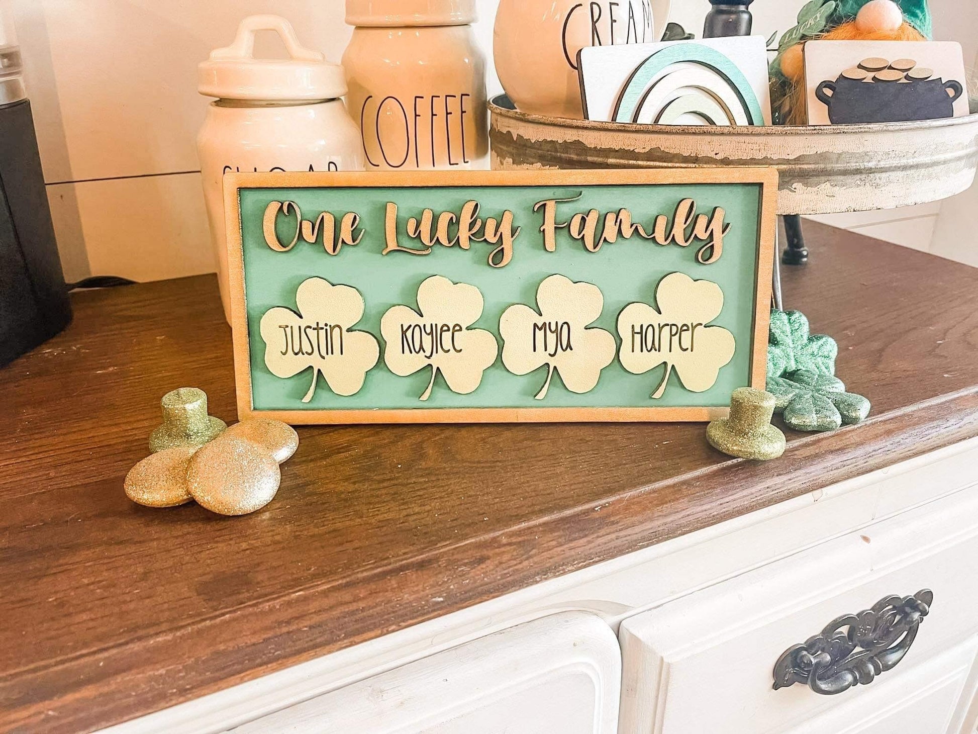 One Lucky Family - St. Patrick's Family Personalized Sign - Lucky Decor - St. Patricks Decor - St. Paddys Decor - Four Leaf Clover Decor