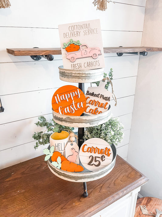 Easter Tiered Tray Set - Fresh Carrots Tiered Tray Set - Baked Fresh Carrot Cake - Farmhouse Easter Tiered Tray Set Carrot Themed Easter Set